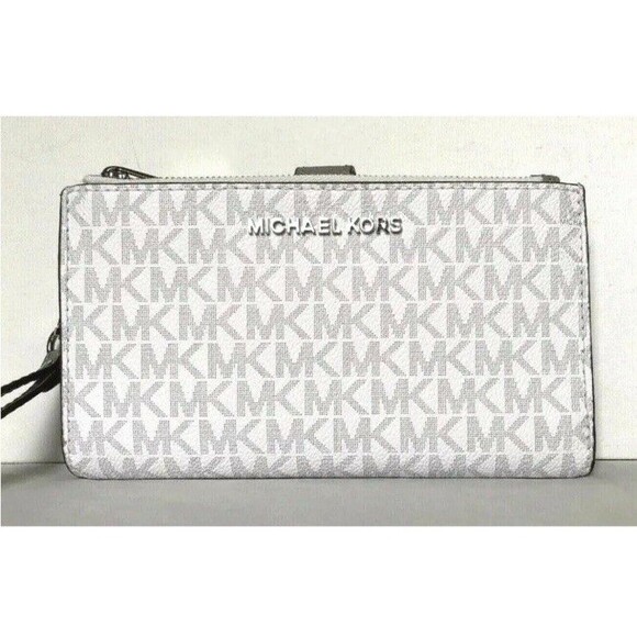 New Michael Kors Jet Set Travel Double Zip Wallet Signature Bright White - Picture 1 of 6